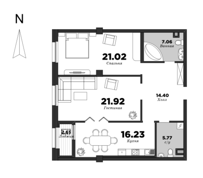 NEVA HAUS, Корпус 2, 2 спальни, 87.71 м² | планировка элитных квартир Санкт-Петербурга | М16